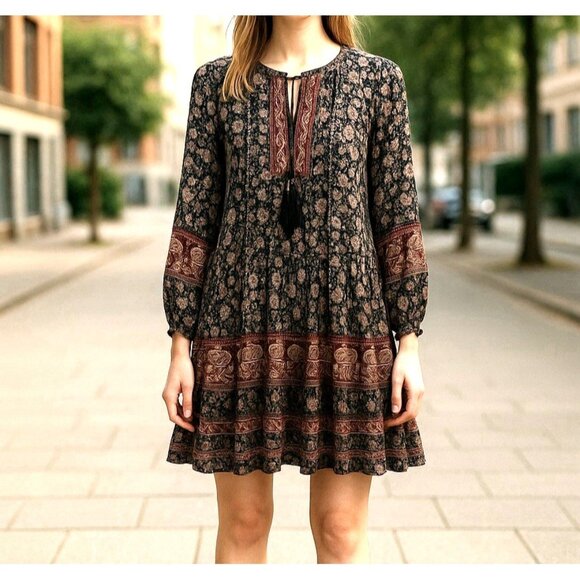 ASTR The Label Balloon Sleeve Printed Tiered Midi Chiffon Dress Brown Sz L #1523 - Picture 5 of 16